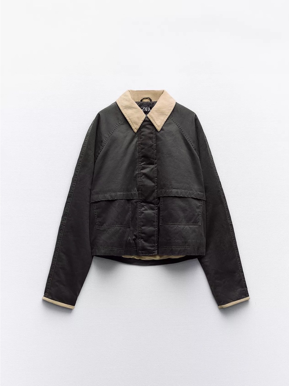 Zara Black Bomber Jacket with Tan Contrast Collar